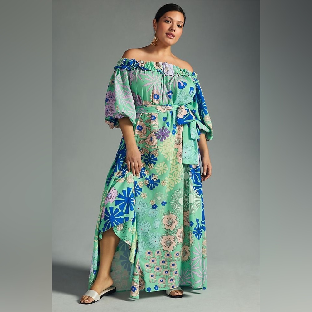 Anthropologie Oopscool Graphic Floral Print Off-Shoulder Maxi Dress